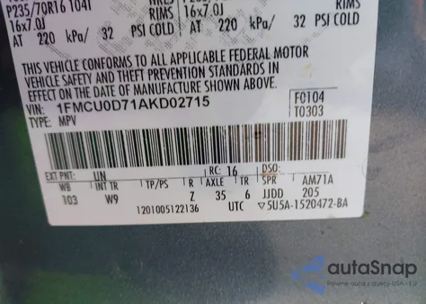 2010 Ford Escape Xlt из США, поврежденный, VIN 1FMCU0D71AKD02715